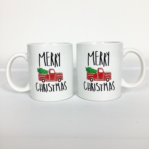 Other - MATCHING Set Christmas Coffee Mugs Old Fashioned Truck Christmas Tree